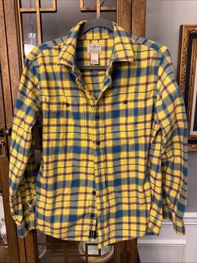 L.L. Bean Yellow and Teal Plaid Button-Down Shirt